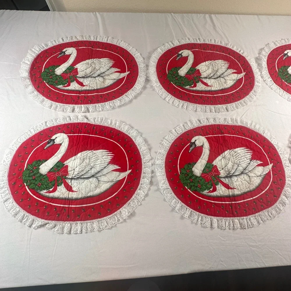 Vintage Christmas Quilted Placemats Set 6 Reversible Swan Geese Lace Cottagecore